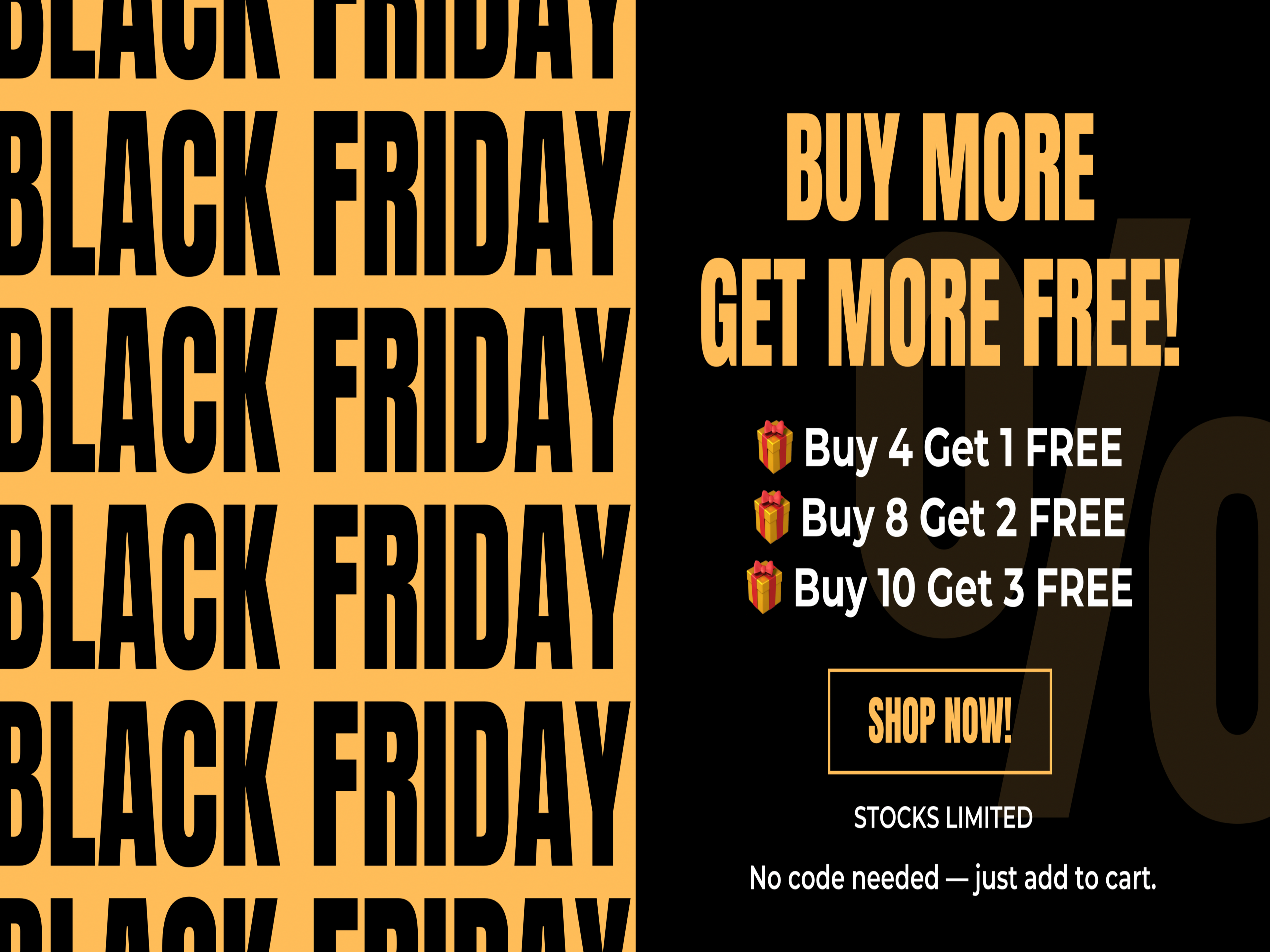 Black Friday promotional banner with text and icons on a black background